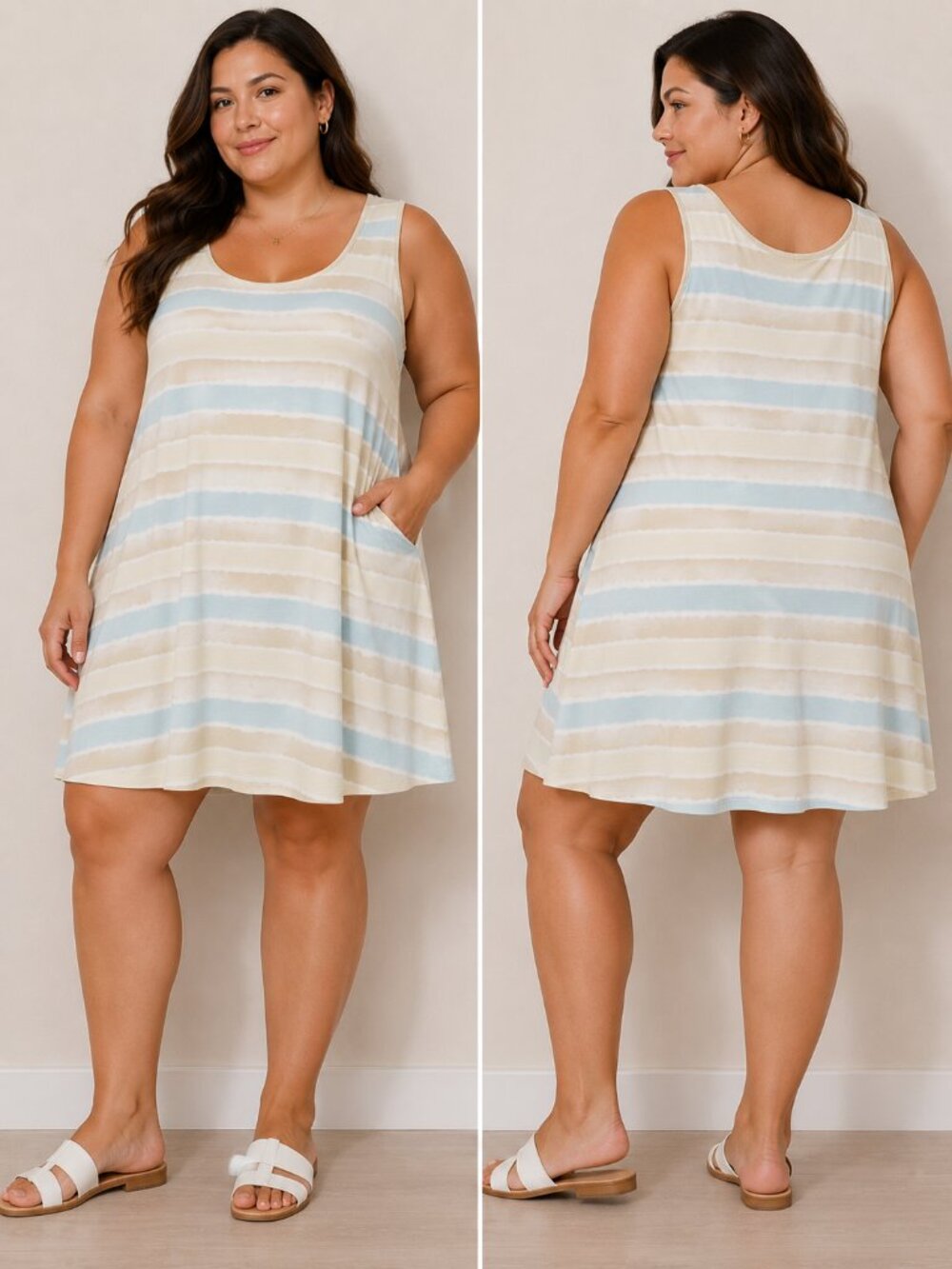 Coastal Tie Dye Stripe Tank Dress Sand Blue Pockets Beach Sz XL